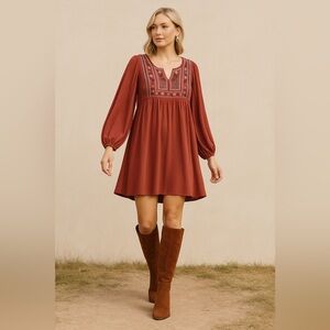 Umgee floral embroidery‎ ballon sleeves orange babydoll Peasant dress. Size XL